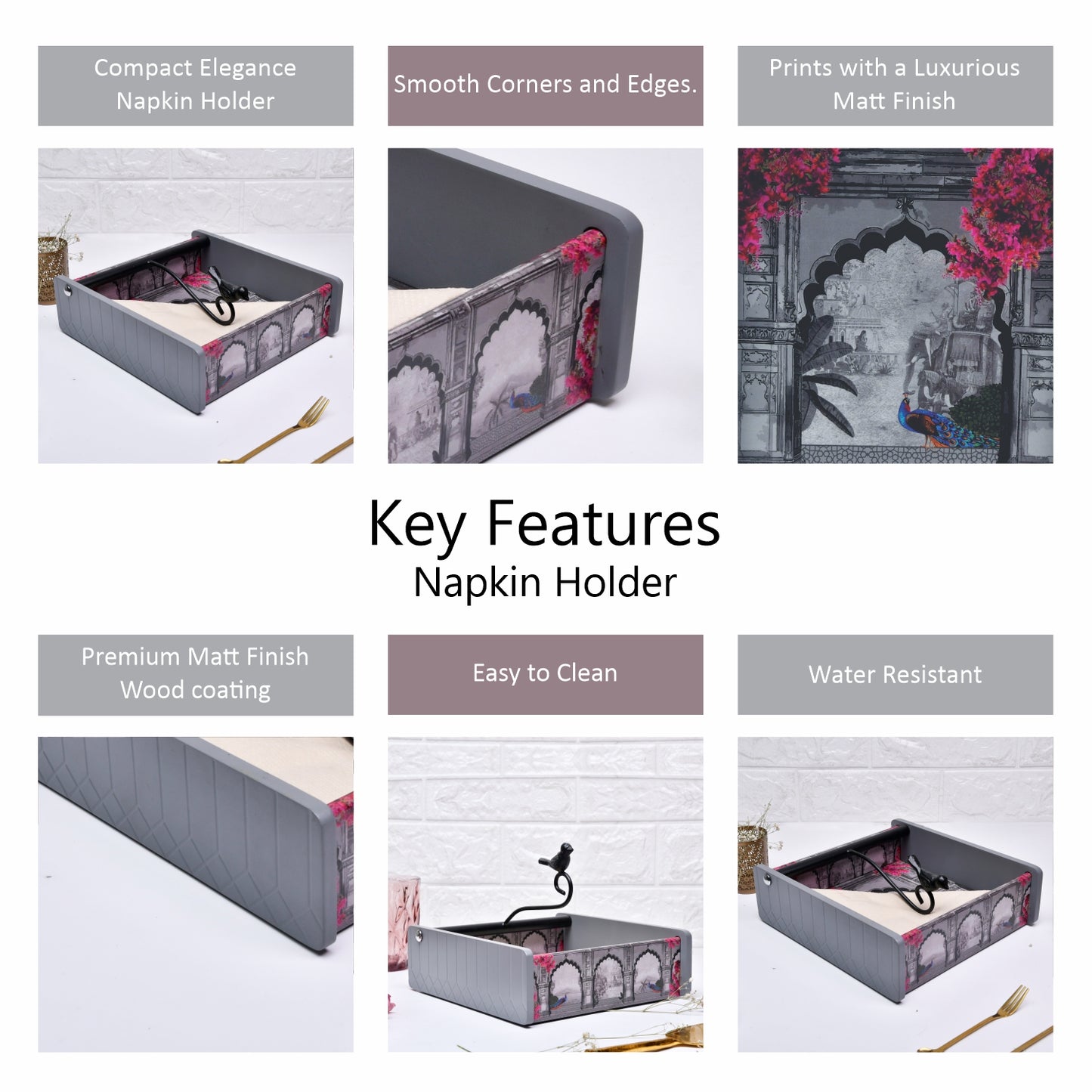 Wooden Tissue Box Holder for Dining Table & Living Room | Elegant Printed Napkin Organizer with Metal Handle