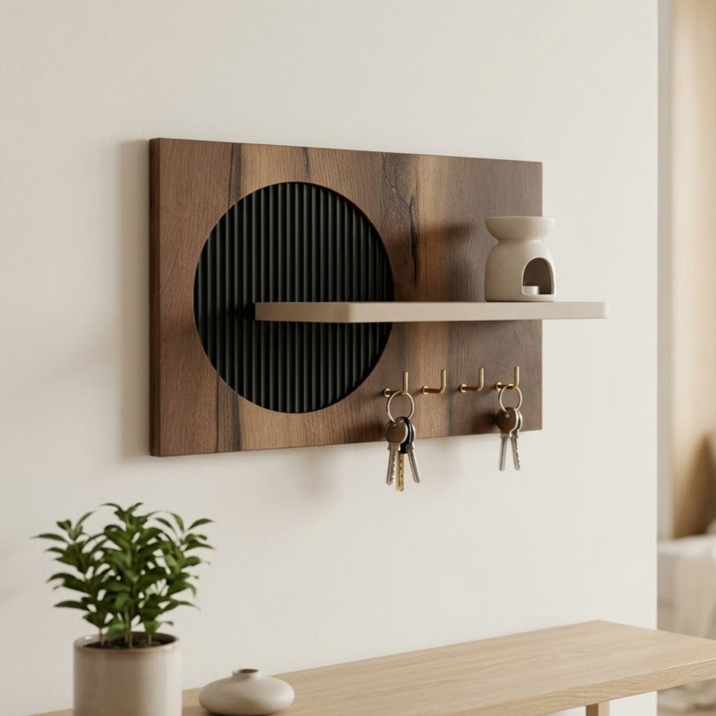 Home Sparkle Modern Black Circle Key Holder with Shelf | Wooden Wall Mounted Key Organizer