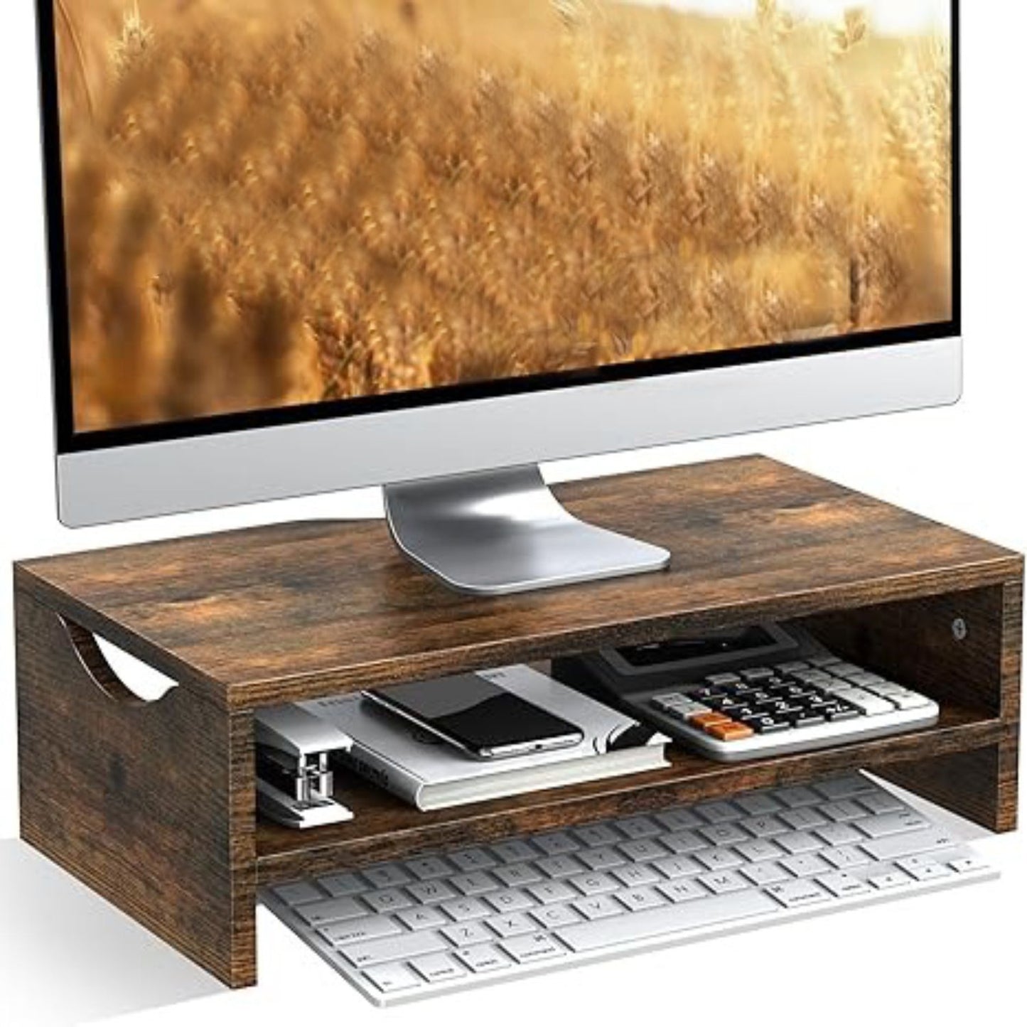Home Sparkle Premium Wooden Monitor Stand Riser with Iron Frame | Desktop Organizer for Monitor, Laptop, Printer & Office Accessories | Rustic Brown