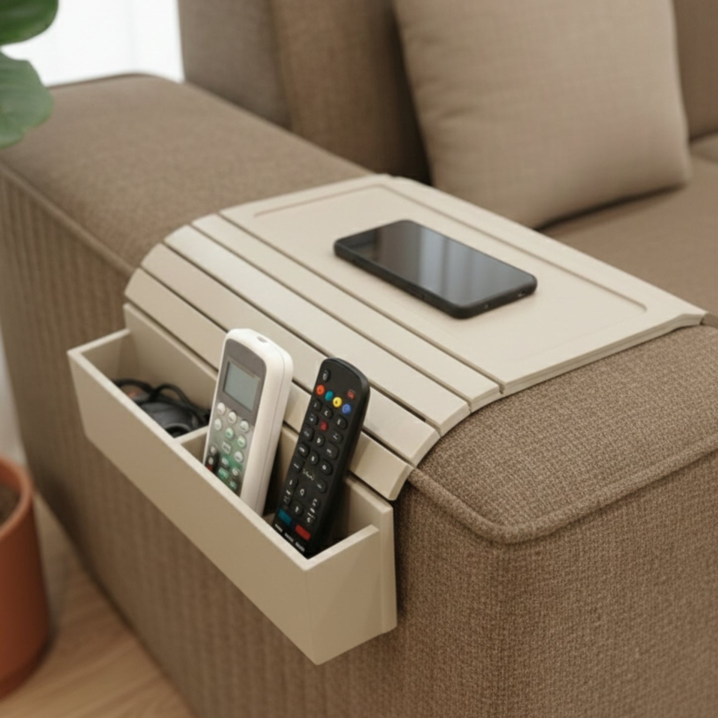 Home Sparkle Wooden Sofa Armrest Tray with Storage Drawer | Multifunctional Couch Organizer & Side Table | Coffee Cup Holder & Remote Storage Tray | Beige Finish