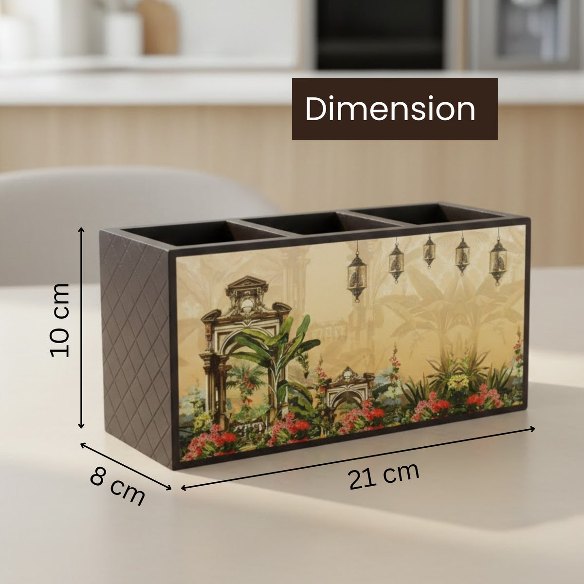 **Home Sparkle Wooden Cutlery & Tissue Holder | Decorative Tabletop Organizer with Separate Compartments | Spoon, Fork & Napkin Storage Box | Printed MDF Dining Table Organizer**