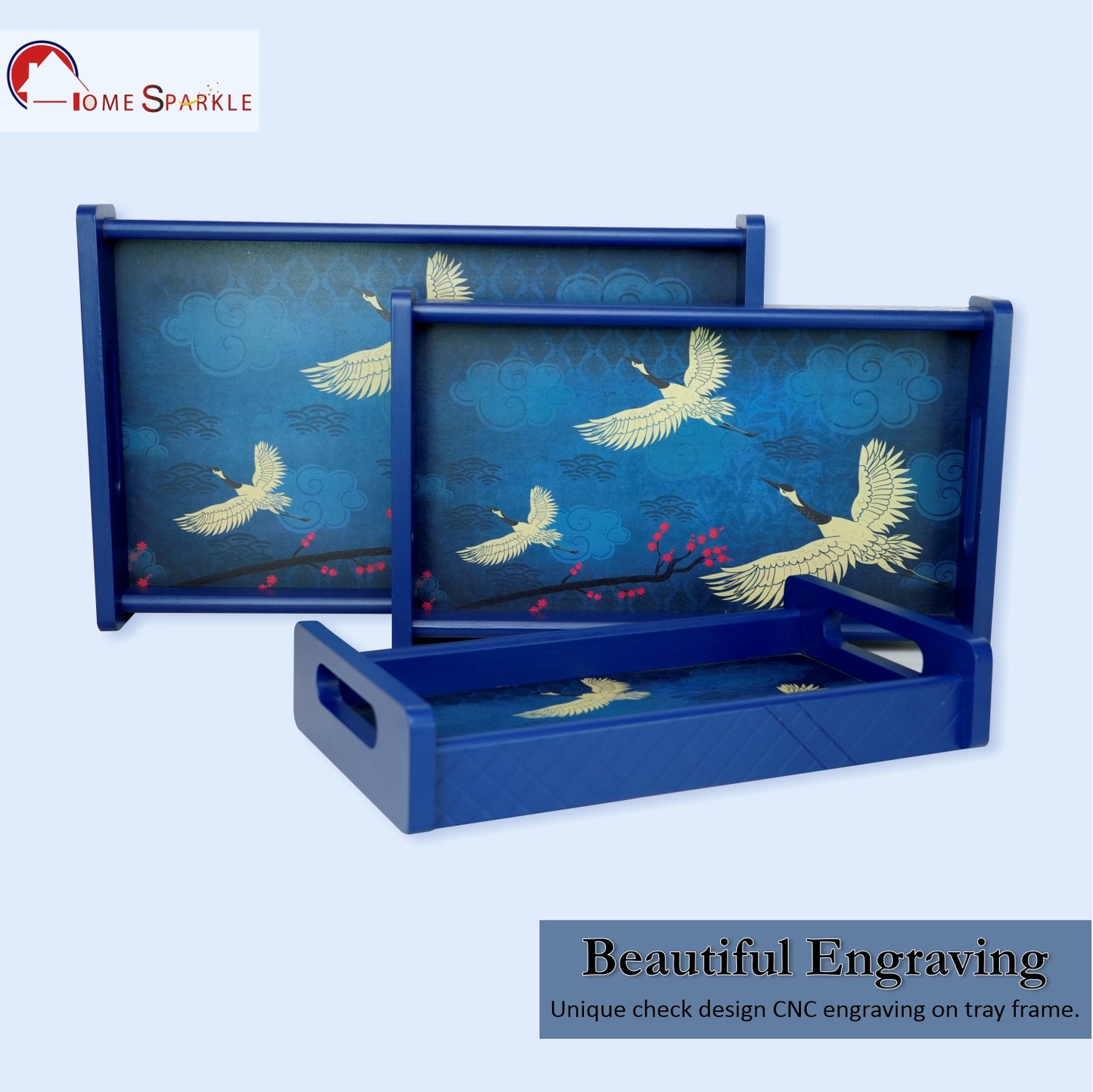 Home Sparkle Wooden Serving Tray Set of 3 – Sizes 16x10, 14x8 & 12x6 inch | Water-Resistant | MDF Print | Engineered Wood | Rectangular, Strong & Durable | Tray Set