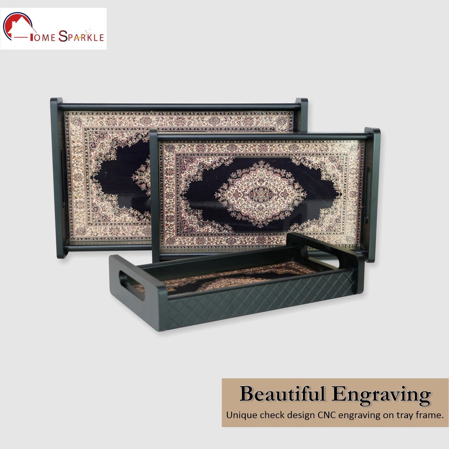 Set of 3 Printed Wooden Serving Trays for Kitchen, Tea, Coffee & Snacks | Decorative MDF Tray Set for Home & Gifting