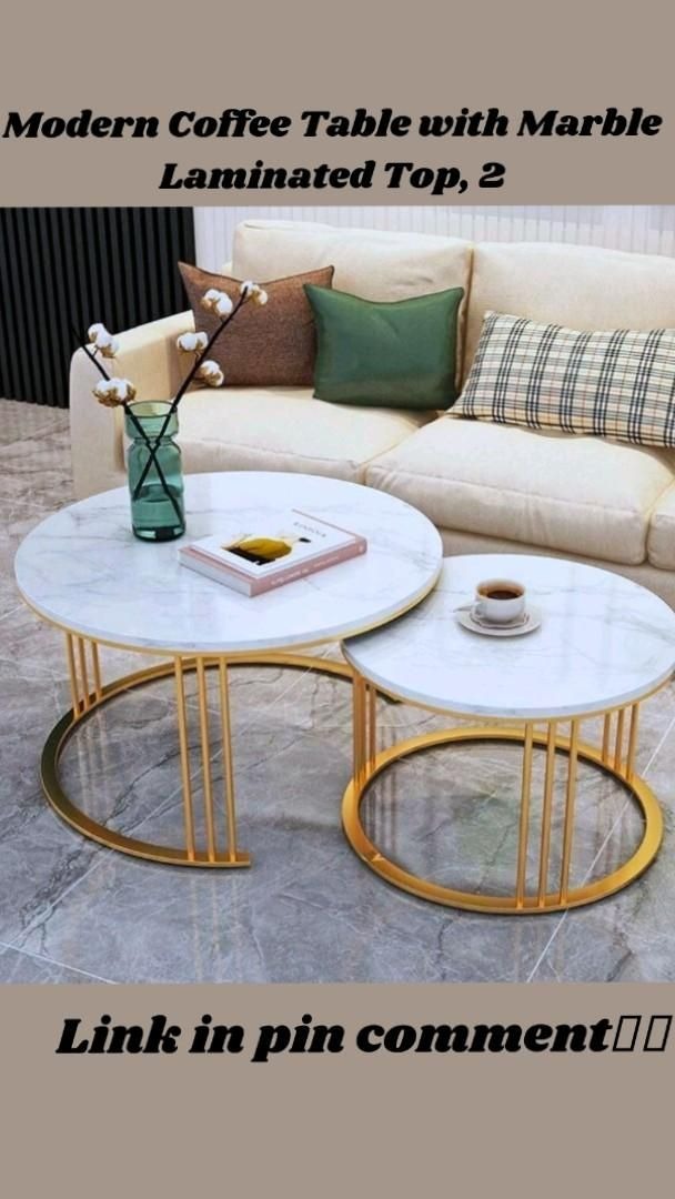 Home Sparkle Modern Round Nesting Coffee Table Set | White Marble-Look Top with Gold Finish Metal Frame | Elegant Center Table Set for Living Room | Contemporary Home Décor