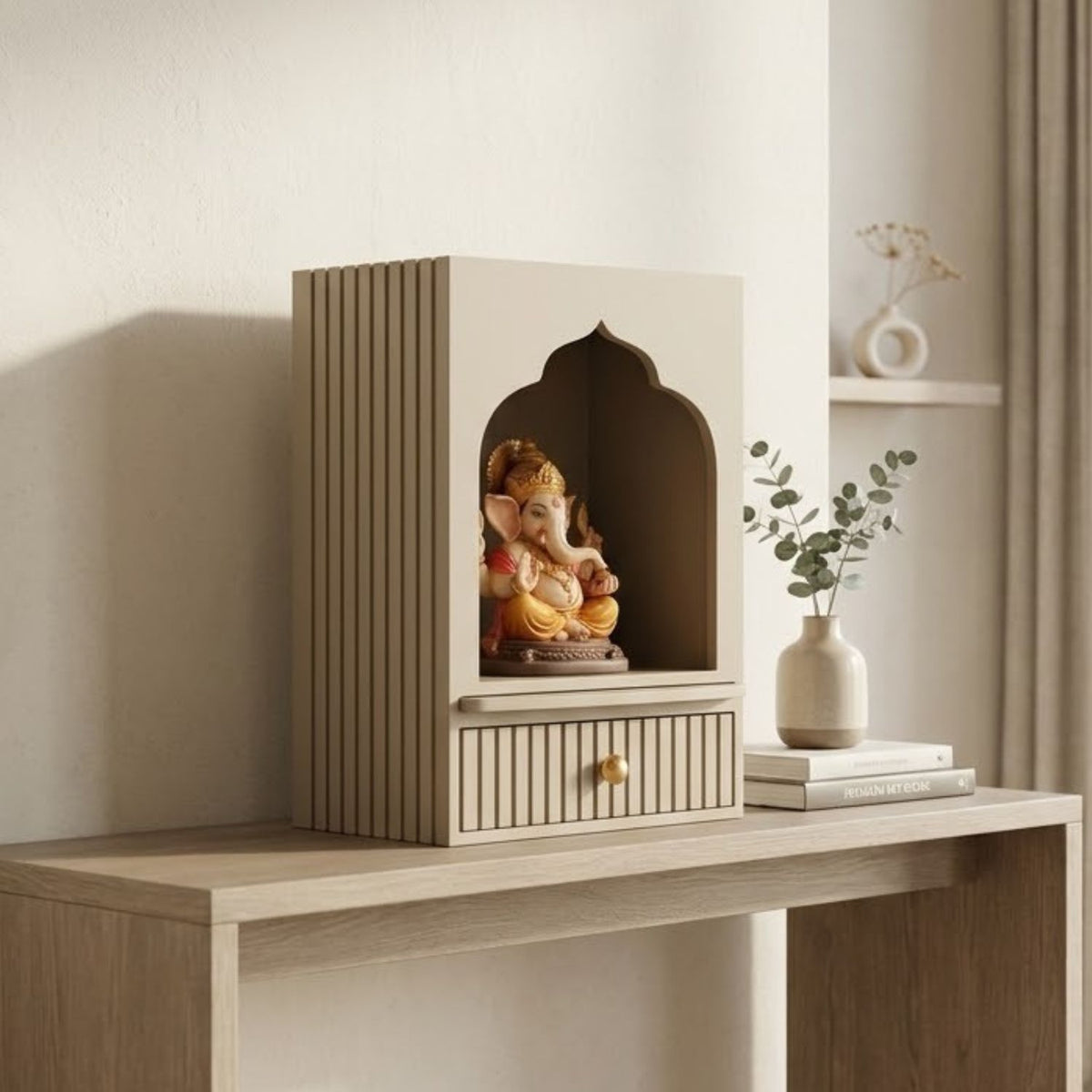 Wall Mounted Royal Arch Mandir for Home with Drawer | Wooden Home Temple for God Idol, Wall Hanging Puja Mandir & Prayer Shelf
