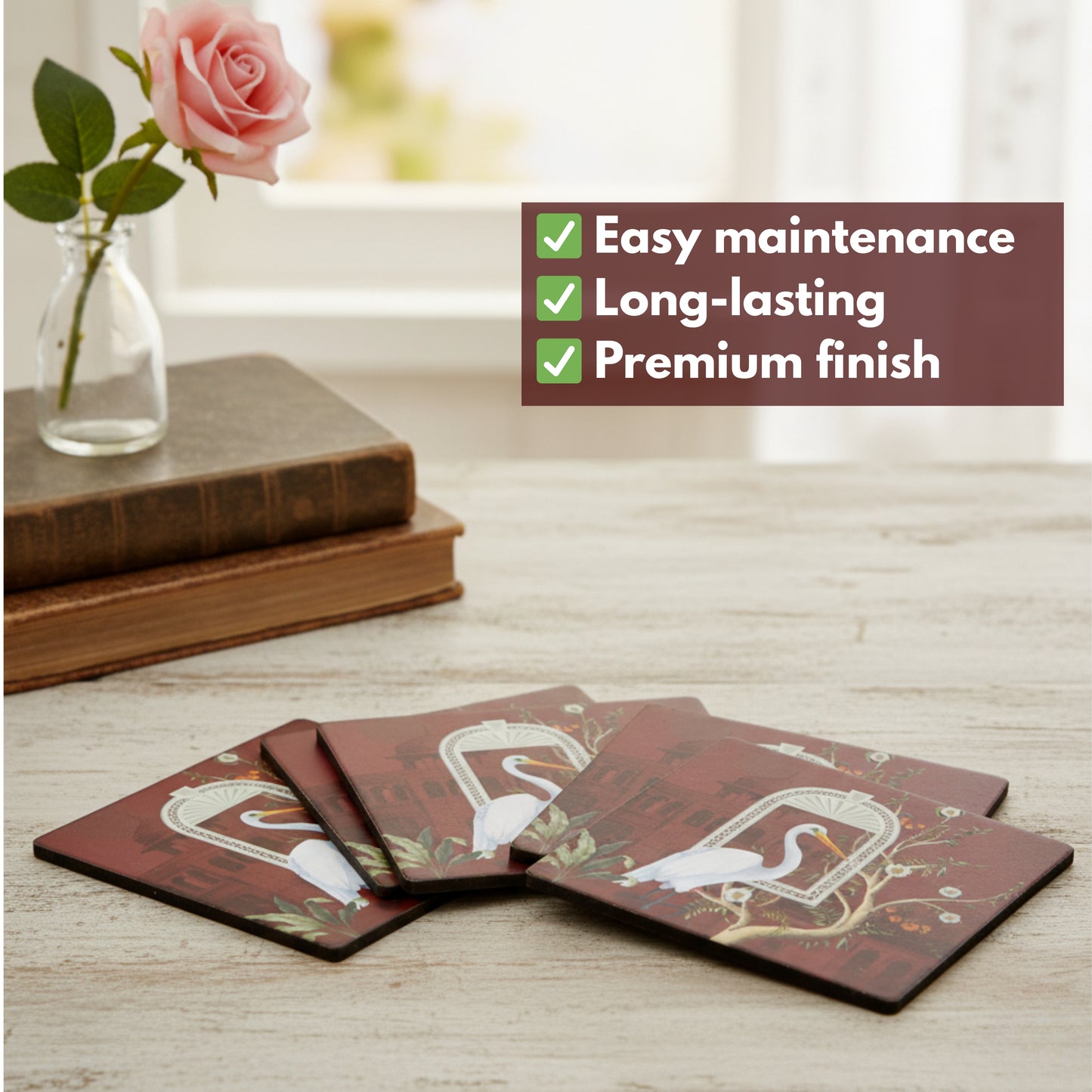 Coasters Set for Dining Table – Tea Coasters for Cups & Mugs | Elegant Table Décor Accessories – Set of 6 with Holder – Durable & Stylish