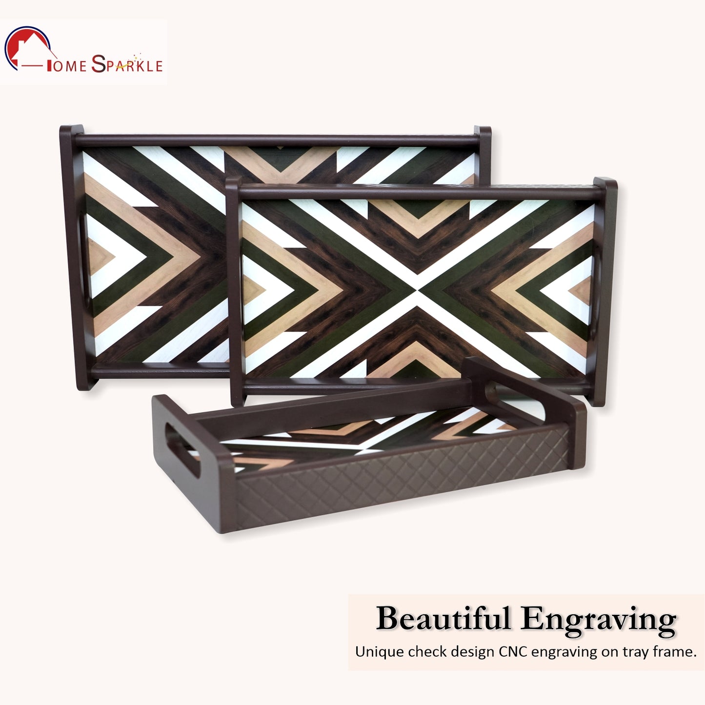 HomeSparkle Wooden Serving Tray Set of 3 – Sizes 16x10, 14x8 & 12x6 inch | Water-Resistant | MDF Print | Engineered Wood | Rectangular, Strong & Durable | Tray Set