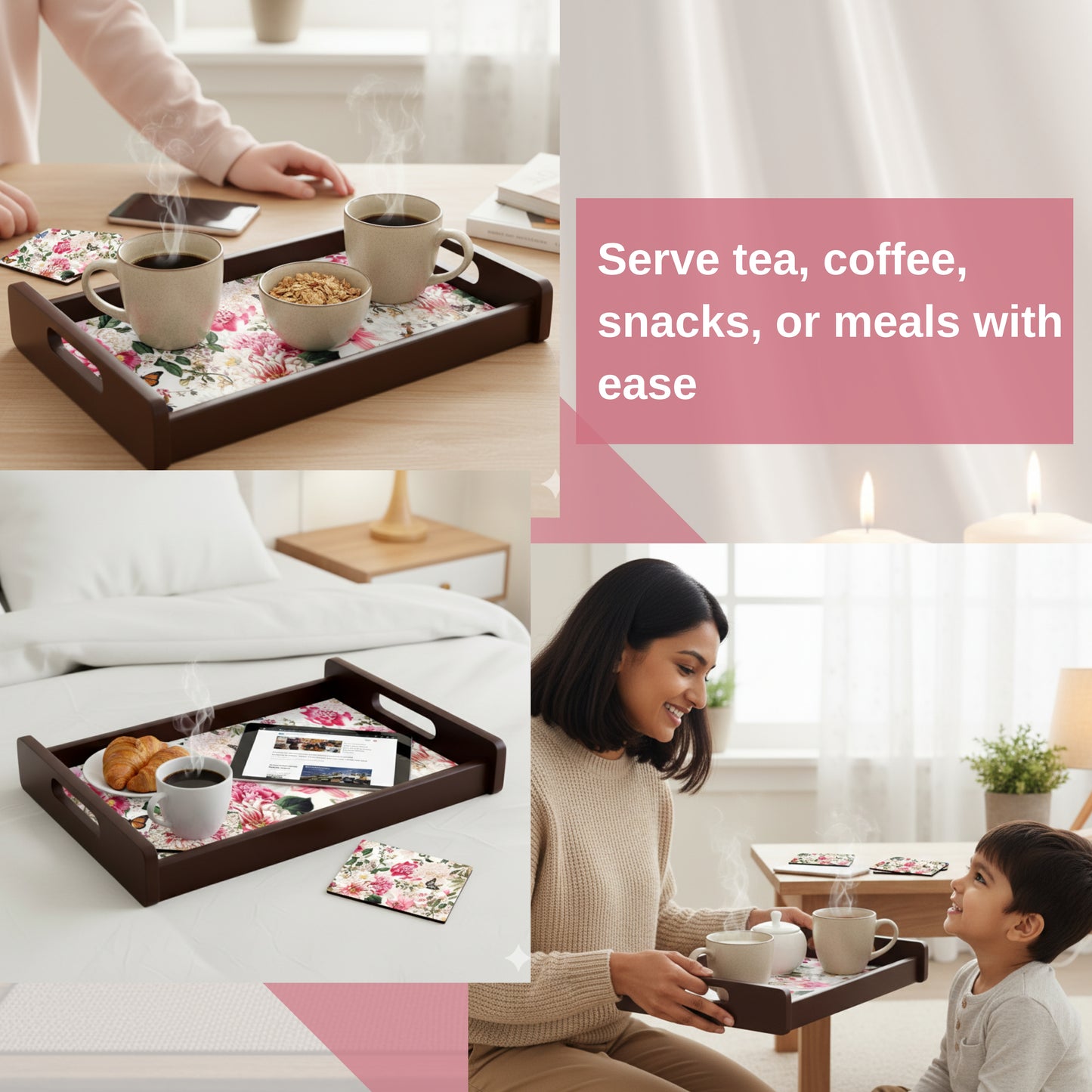 Wooden Serving Tray – 17.75" x 12" x 2.75", Reversible Water-Resistant Tray, Engineered Wood, Multipurpose Tray for Kitchen, Dining & Home Decor – Stylish & Strong