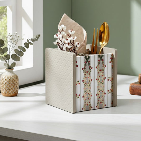 Wooden Cutlery Holder for Dining Table & Kitchen | Multi-Compartment Utensil Organizer for Spoons, Forks, Knives & Napkins