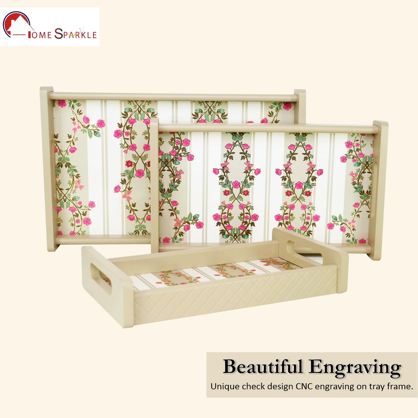 Set of 3 Printed Wooden Serving Trays for Kitchen, Tea, Coffee & Snacks | Decorative MDF Tray Set for Home & Gifting