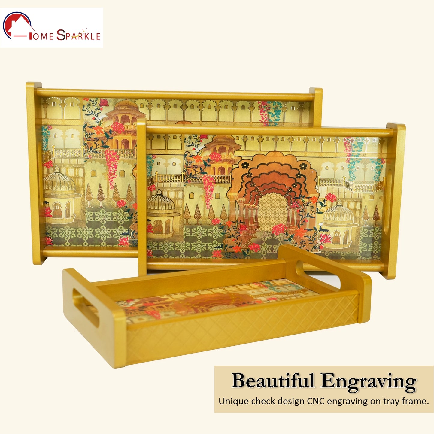 Set of 3 Printed Wooden Serving Trays for Kitchen, Tea, Coffee & Snacks | Decorative MDF Tray Set for Home & Gifting