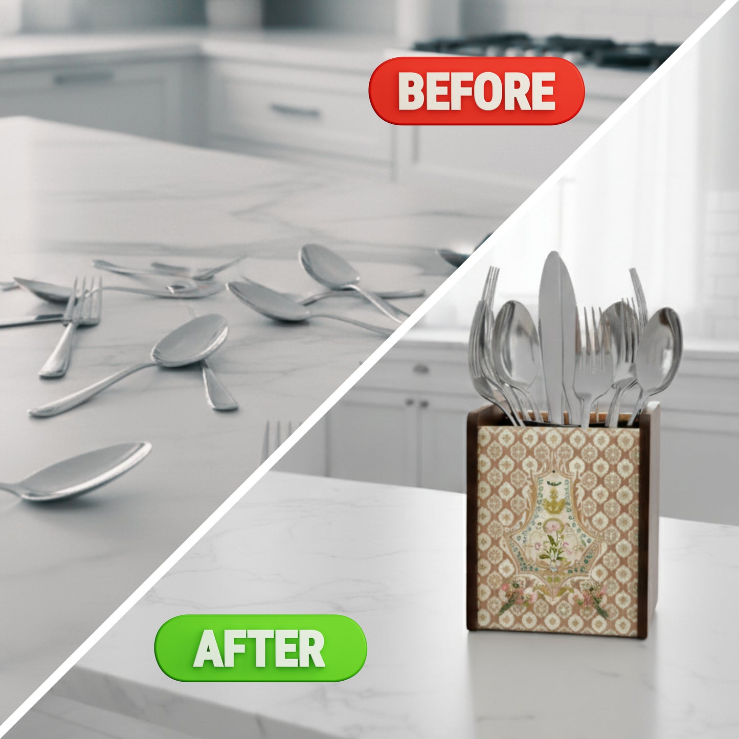 Wooden Cutlery Holder for Dining Table & Kitchen | Multi-Compartment Utensil Organizer for Spoons, Forks, Knives & Napkins