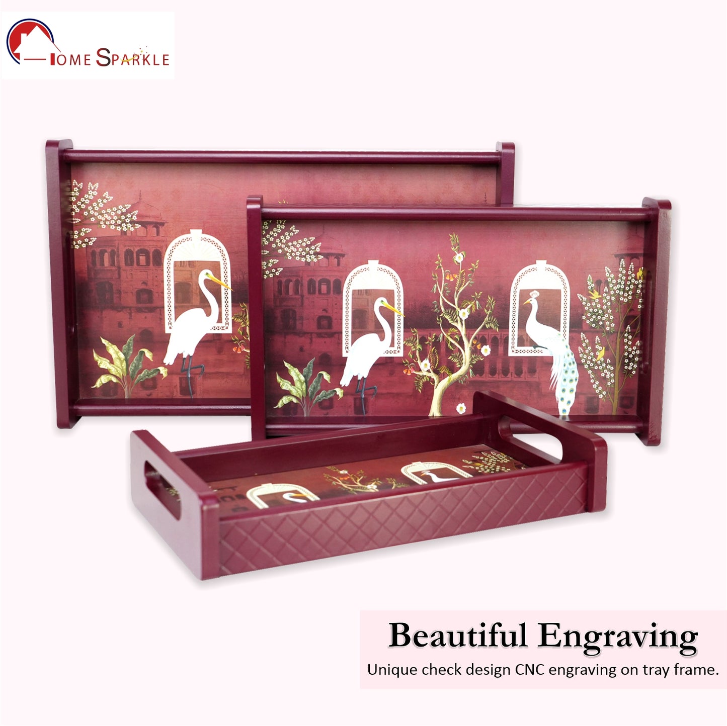 HomeSparkle Wooden Serving Tray Set of 3 – Sizes 16x10, 14x8 & 12x6 inch | Water-Resistant | MDF Print | Engineered Wood | Rectangular, Strong & Durable | Tray Set