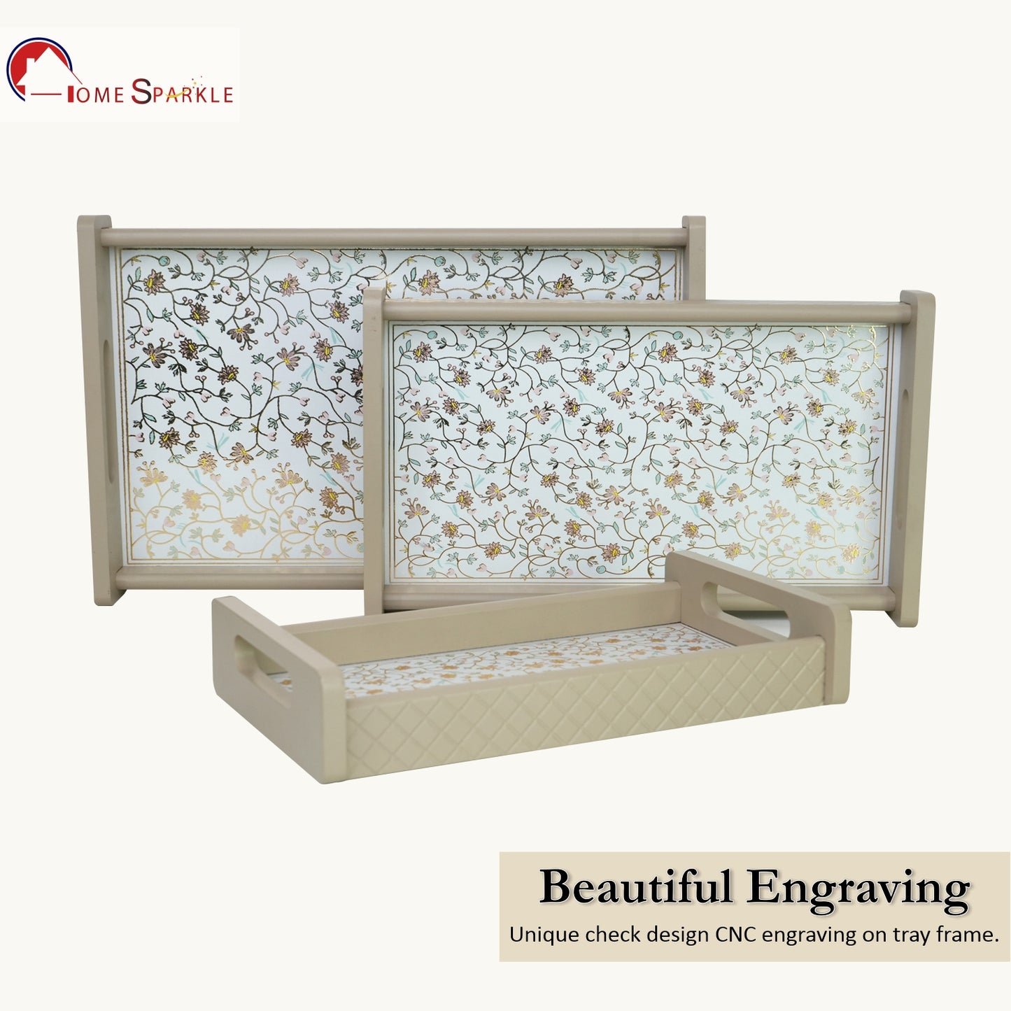 Wooden Serving Tray Set of 3 – Sizes 16x10, 14x8 & 12x6 inch | Water-Resistant | MDF Print | Engineered Wood | Rectangular, Strong & Durable