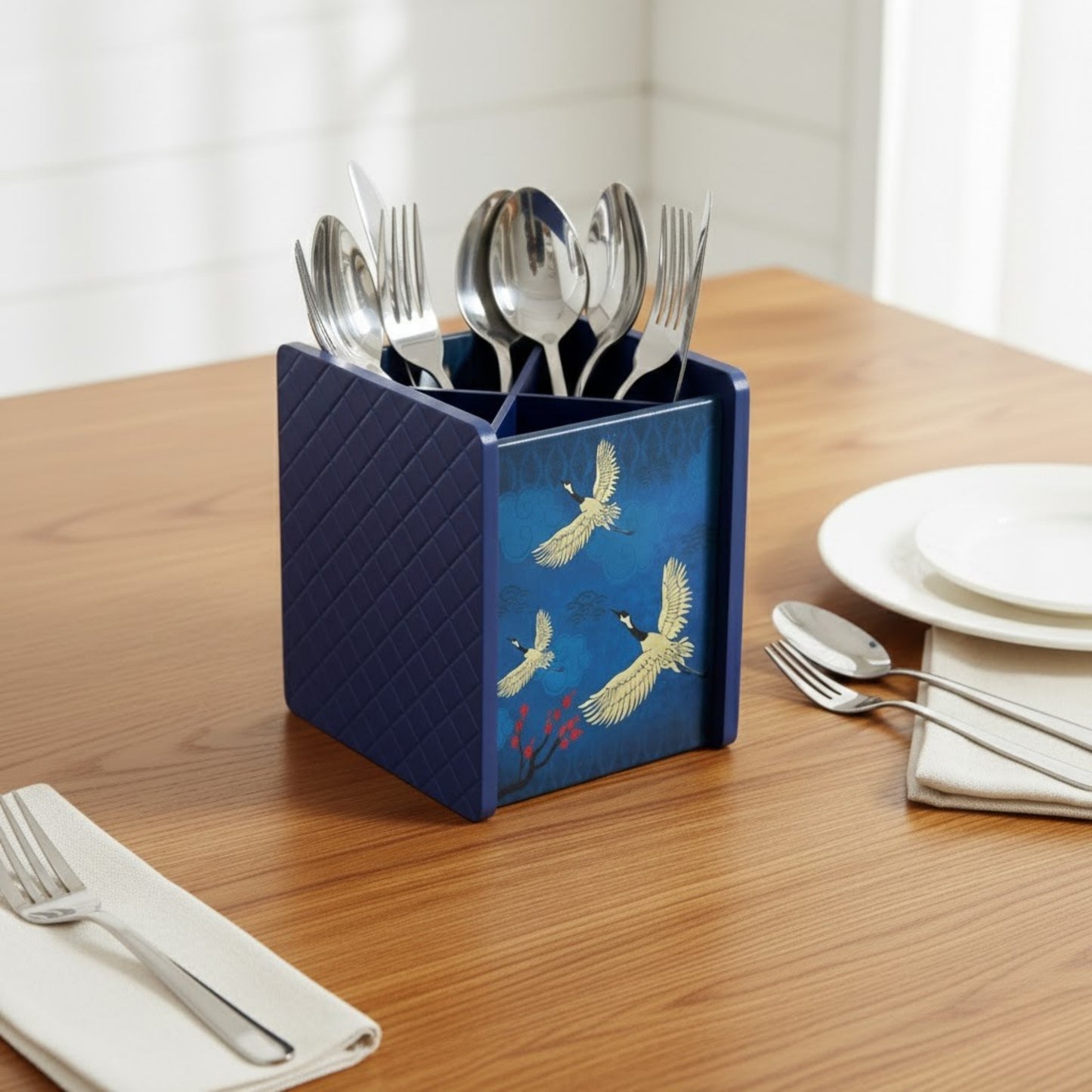 **Home Sparkle Wooden Cutlery Organizer | Decorative Tabletop Spoon & Fork Holder | Multipurpose Engineered MDF Dining Table Organizer | Blue Printed Finish**