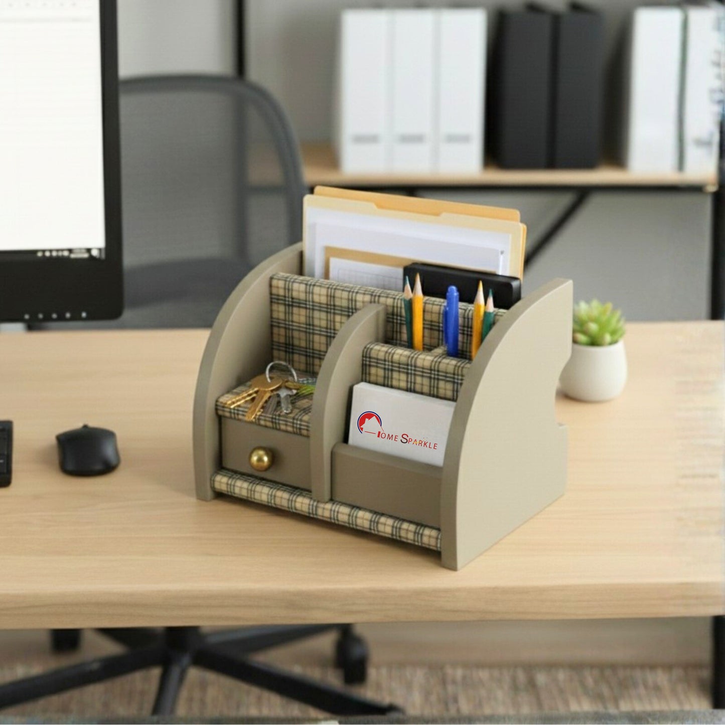 Home Sparkle Wooden Desk Organizer for Office & Home | Pen, File & Card Holder with Multi-Compartments & Drawer | Desk Accessories Organizer (Beige)