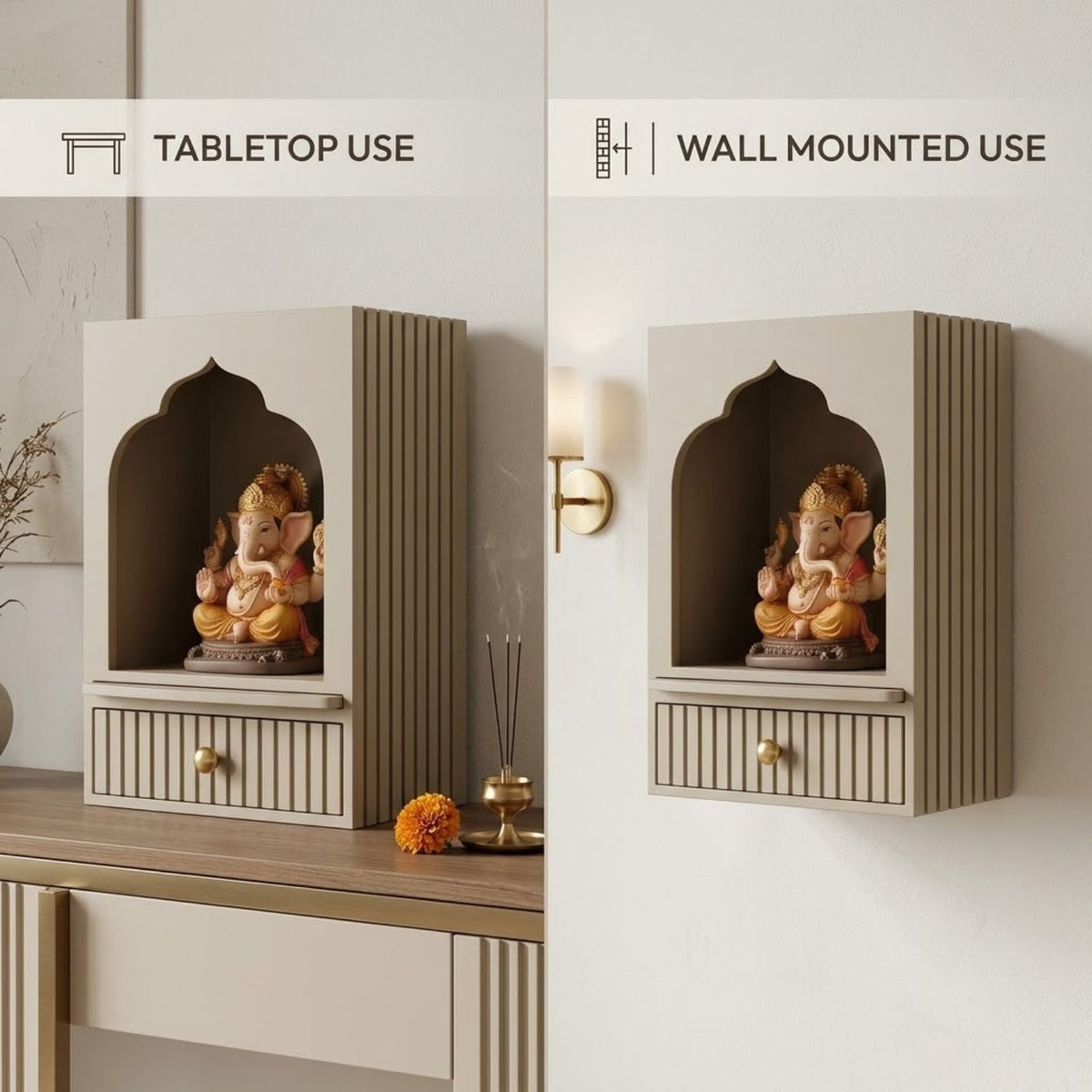 Wall Mounted Royal Arch Mandir for Home with Drawer | Wooden Home Temple for God Idol, Wall Hanging Puja Mandir & Prayer Shelf