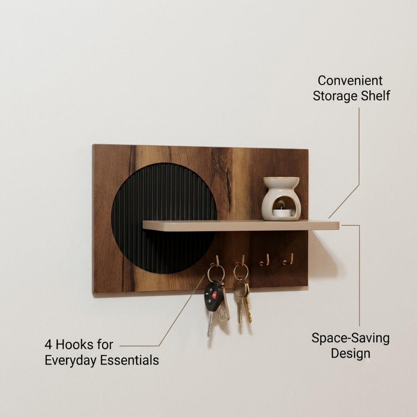 Home Sparkle Modern Black Circle Key Holder with Shelf | Wooden Wall Mounted Key Organizer