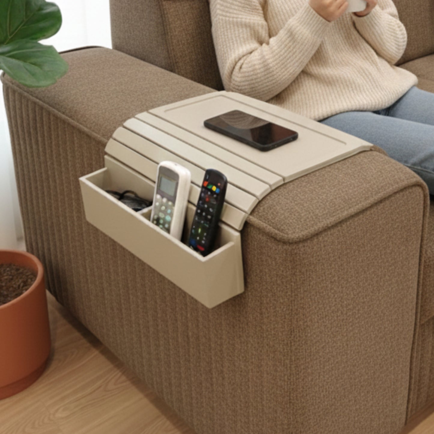 Home Sparkle Wooden Sofa Armrest Tray with Storage Drawer | Multifunctional Couch Organizer & Side Table | Coffee Cup Holder & Remote Storage Tray | Beige Finish