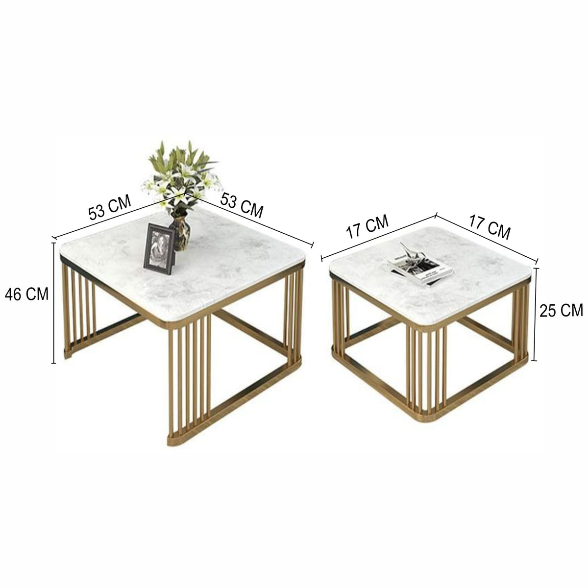 Home Sparkle Square Coffee Table Set of 2 | Modern Gold Frame with White Marble Finish | Nesting Side Tables for Living Room