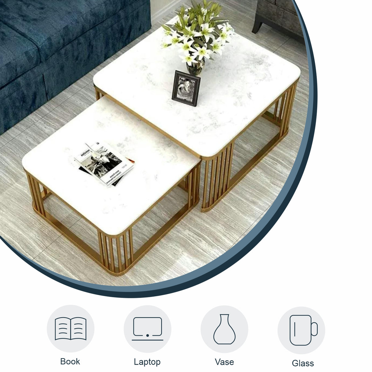Home Sparkle Square Coffee Table Set of 2 | Modern Gold Frame with White Marble Finish | Nesting Side Tables for Living Room