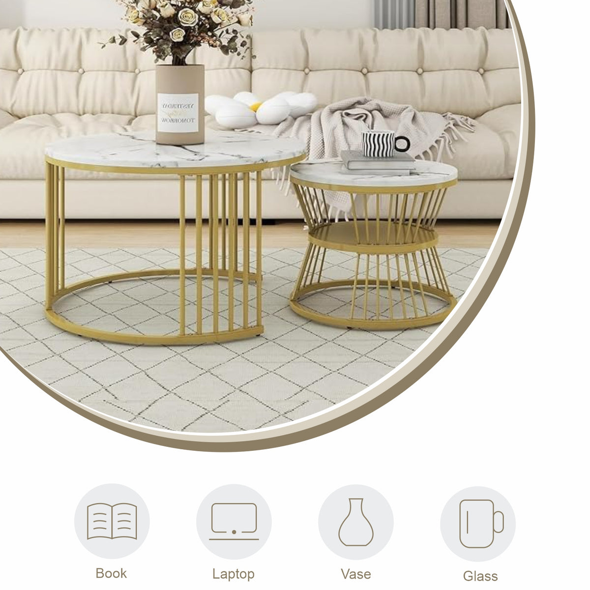 Home Sparkle Round Coffee Table Set of 2 | Premium Marble Finish with Gold Metal Frame | Modern Nesting Tables