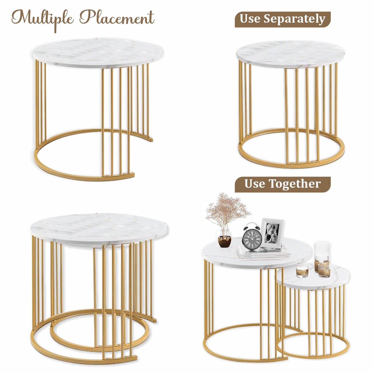 Home Sparkle Modern Round Nesting Coffee Table Set | White Marble-Look Top with Gold Finish Metal Frame | Elegant Center Table Set for Living Room | Contemporary Home Décor
