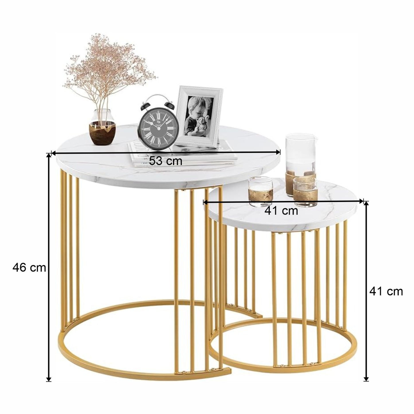 Home Sparkle Modern Round Nesting Coffee Table Set | White Marble-Look Top with Gold Finish Metal Frame | Elegant Center Table Set for Living Room | Contemporary Home Décor