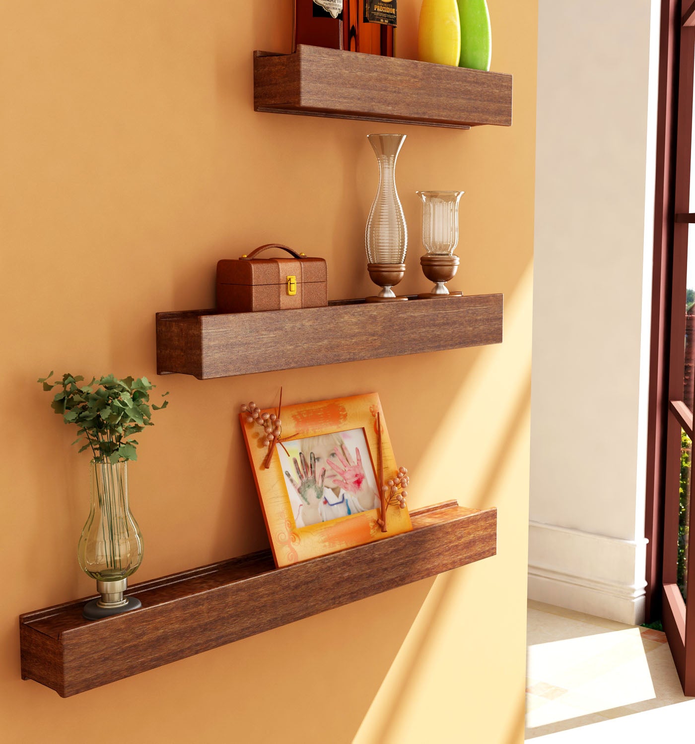 Home Sparkle Modern Floating Wall Shelves Set of 3 – Premium Brown Wall Mounted Display Shelves for Living Room, Bedroom & Office