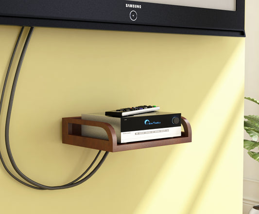 Home Sparkle Wall Mounted Floating TV Shelf with Cable Management – Wooden Router, Set Top Box & Media Device Organizer – Brown