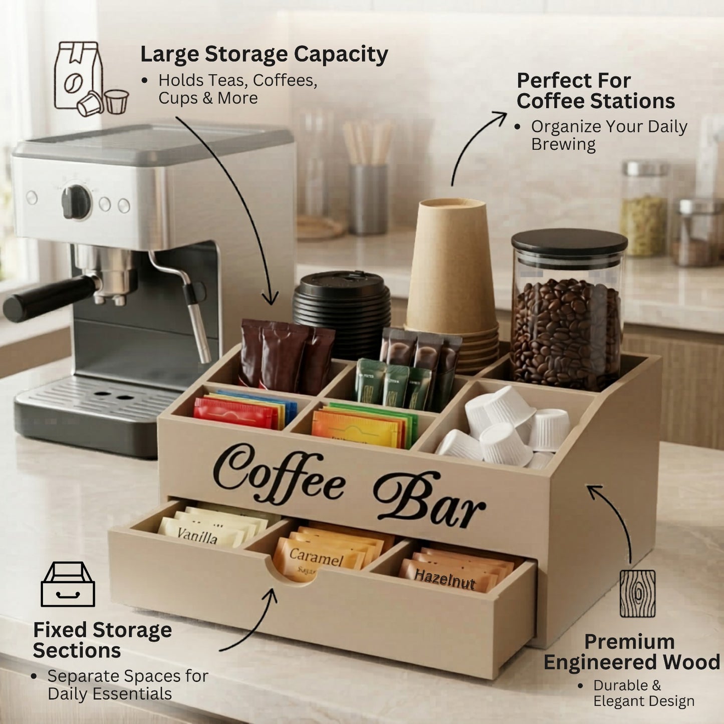 Home Sparkle Coffee Bar Storage Organizer with Tea & Sugar Compartments