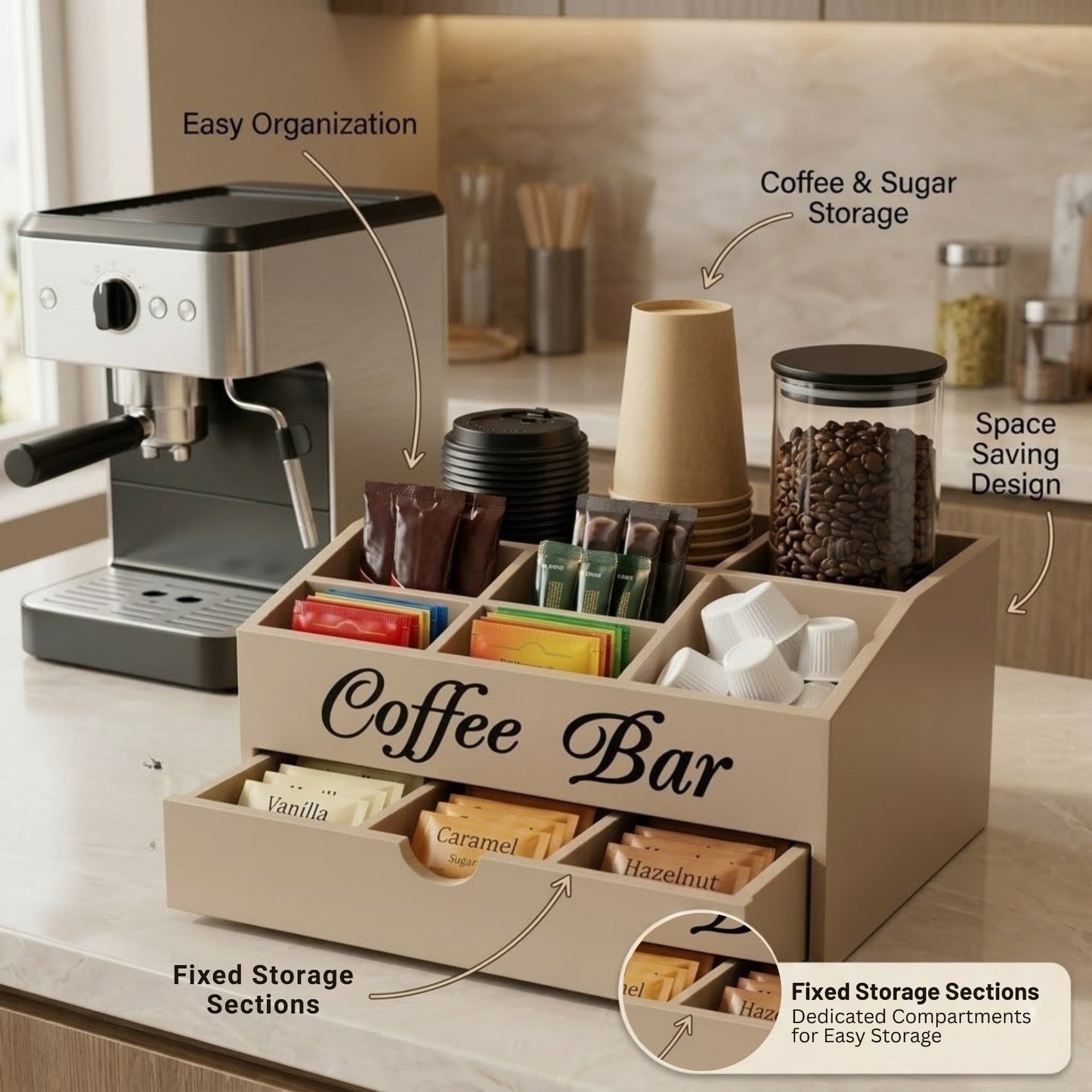 Home Sparkle Coffee Bar Storage Organizer with Tea & Sugar Compartments