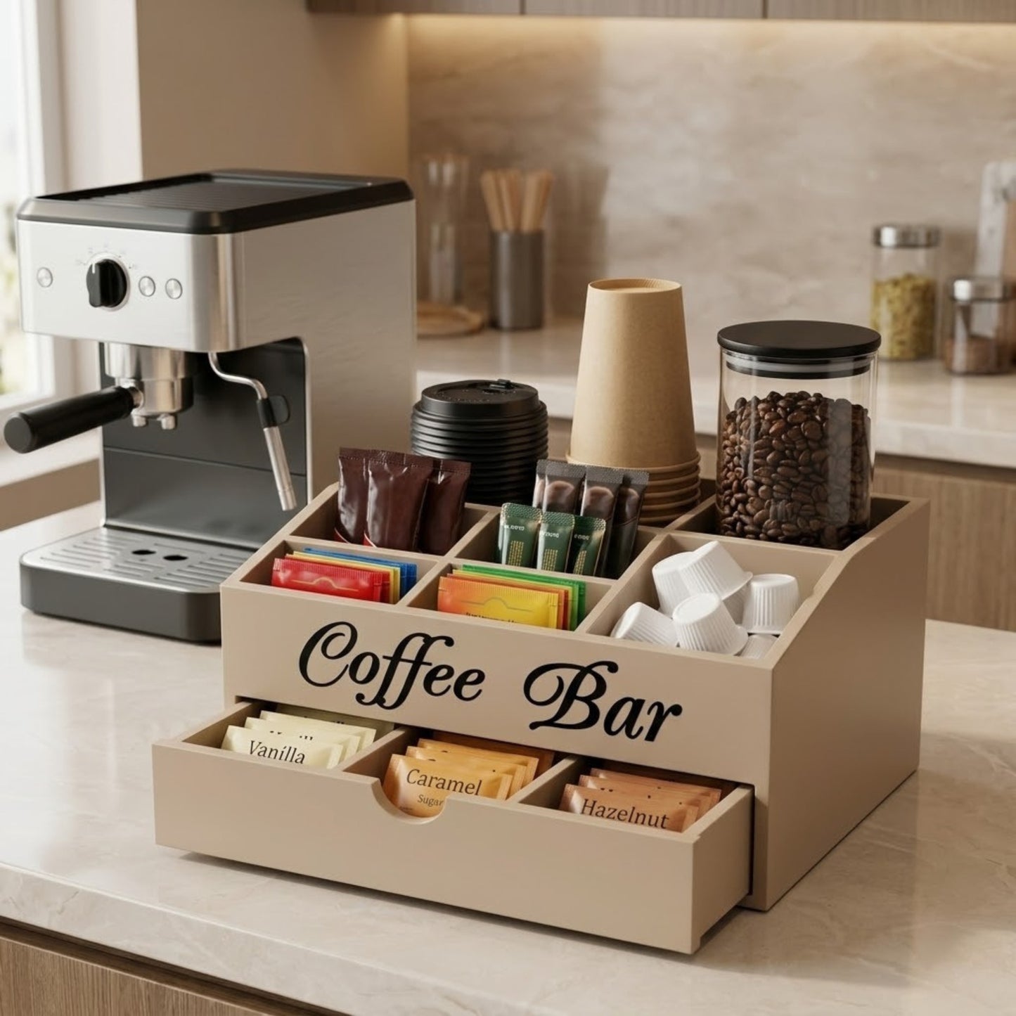 Home Sparkle Coffee Bar Storage Organizer with Tea & Sugar Compartments