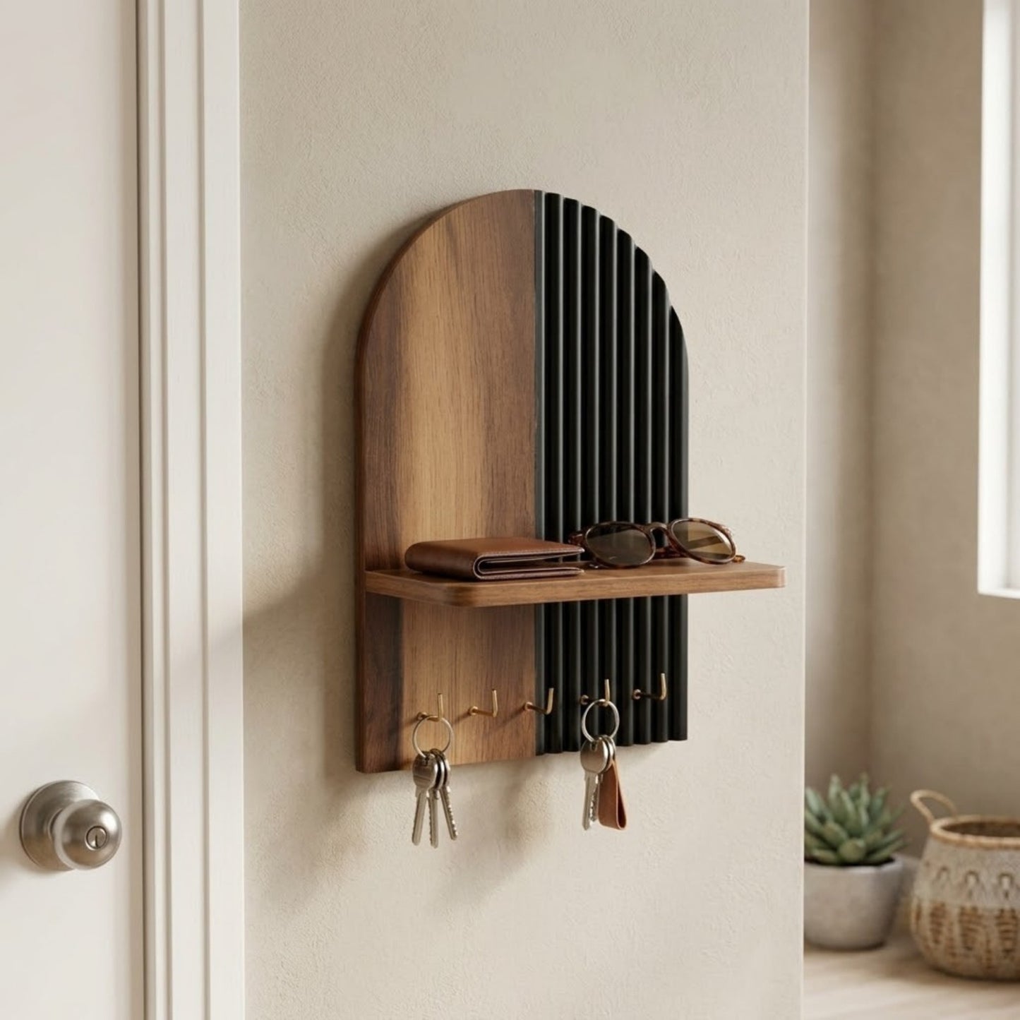 Home Sparkle Classic Black Key Holder with Shelf | Wooden Wall Mounted Key Organizer