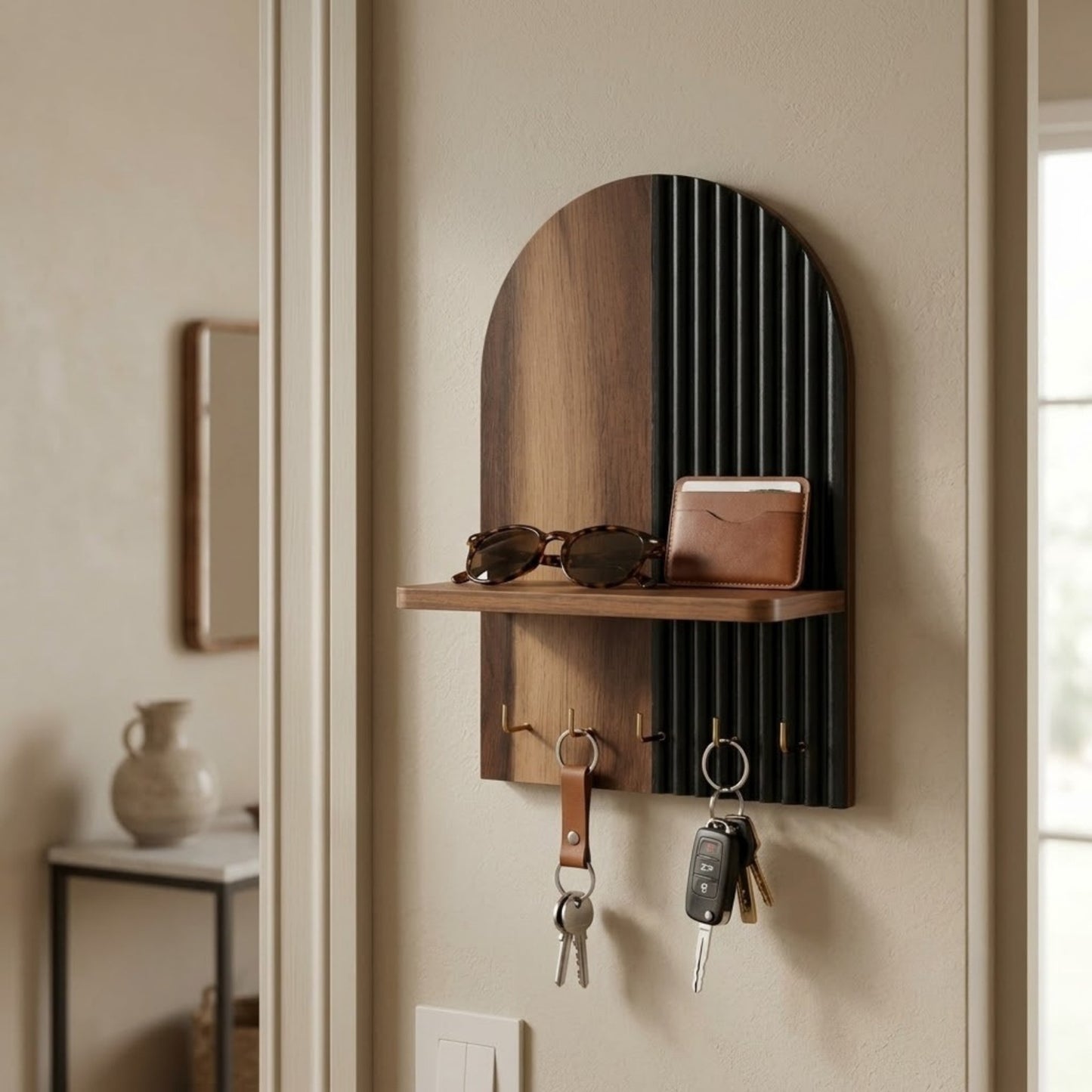 Home Sparkle Classic Black Key Holder with Shelf | Wooden Wall Mounted Key Organizer