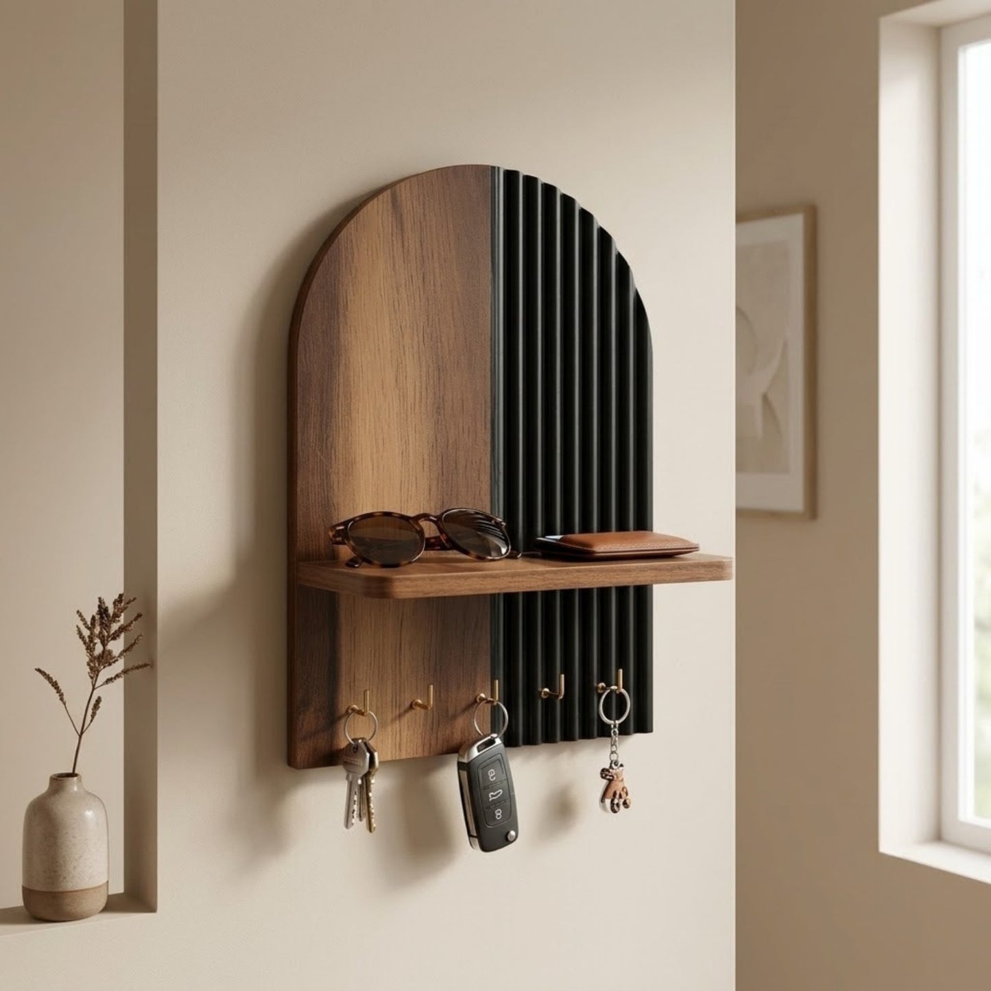 Home Sparkle Classic Black Key Holder with Shelf | Wooden Wall Mounted Key Organizer