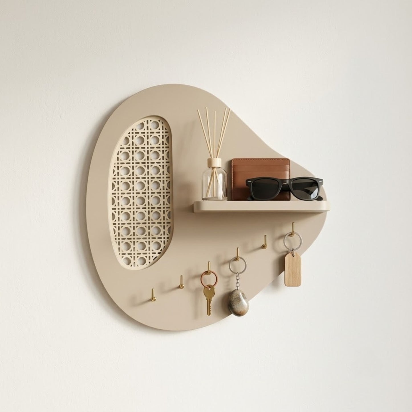 Home Sparkle Modern Wall Key Holder with Shelf | Beige Wooden Entryway Organizer with Hooks