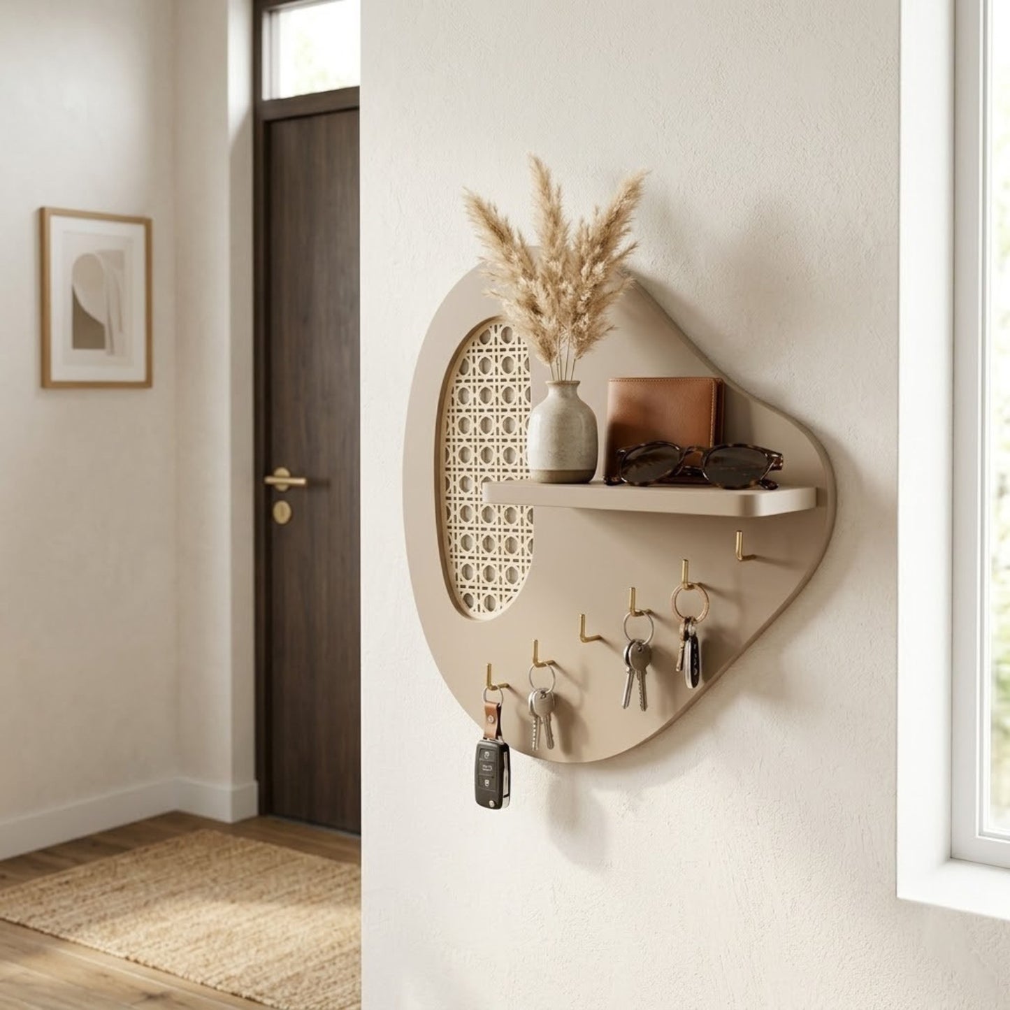 Home Sparkle Modern Wall Key Holder with Shelf | Beige Wooden Entryway Organizer with Hooks