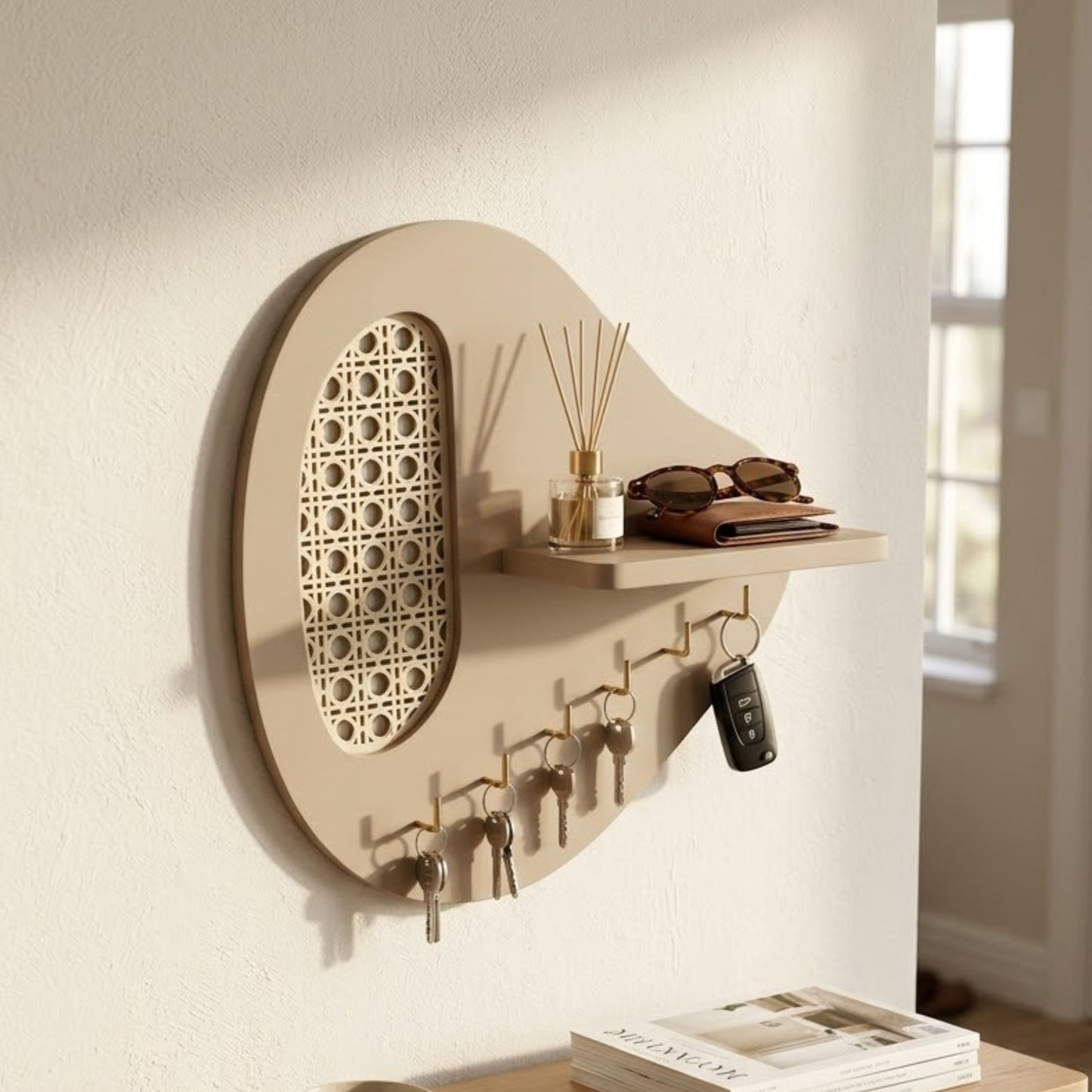 Home Sparkle Modern Wall Key Holder with Shelf | Beige Wooden Entryway Organizer with Hooks