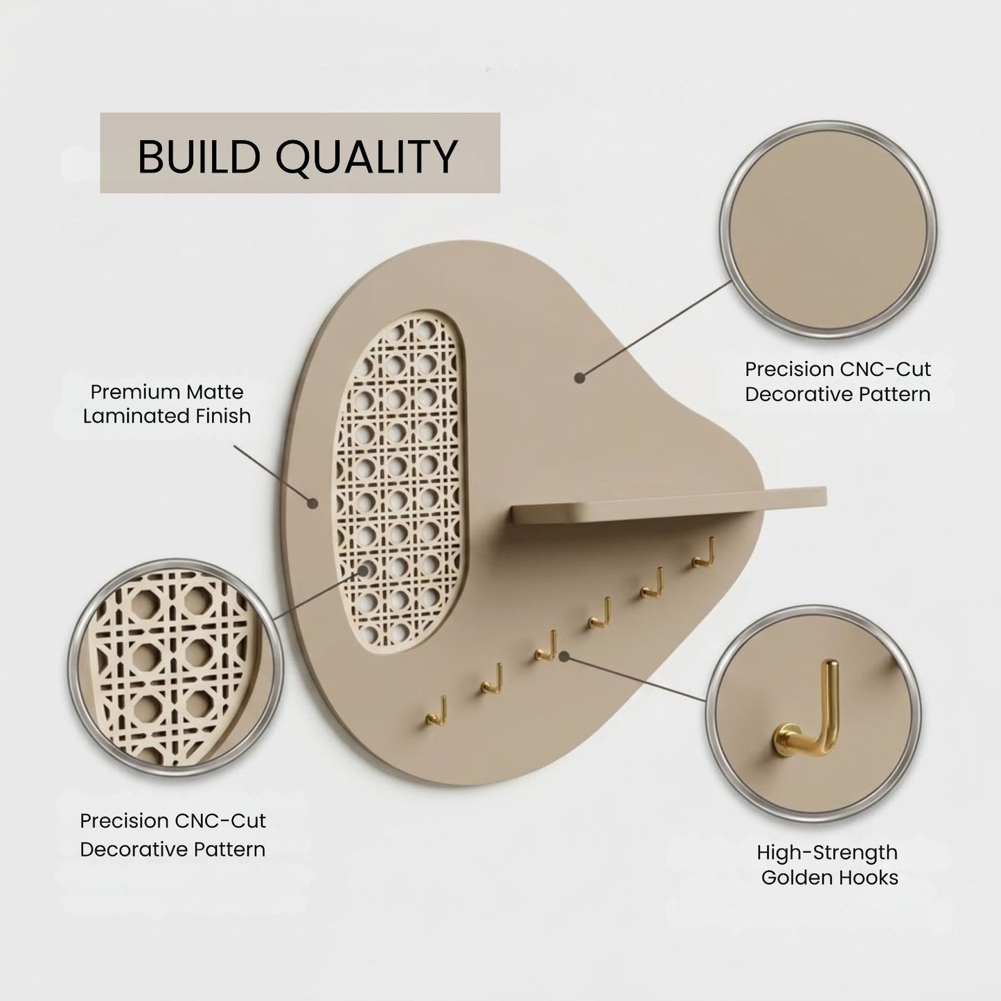 Home Sparkle Modern Wall Key Holder with Shelf | Beige Wooden Entryway Organizer with Hooks