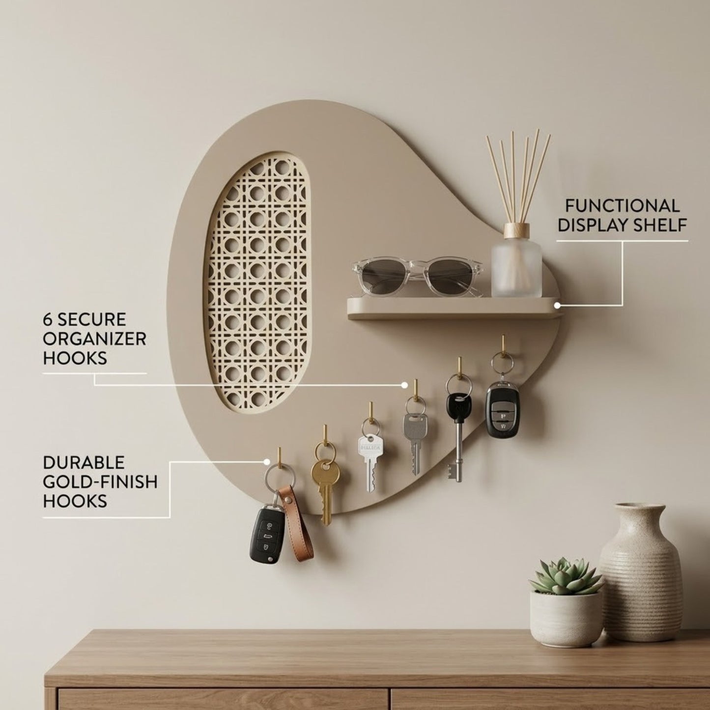 Home Sparkle Modern Wall Key Holder with Shelf | Beige Wooden Entryway Organizer with Hooks