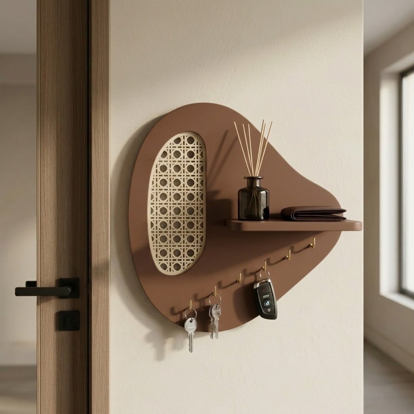 Home Sparkle Mocha Wall Key Holder with Shelf | Wooden Entryway Organizer with Key Hooks