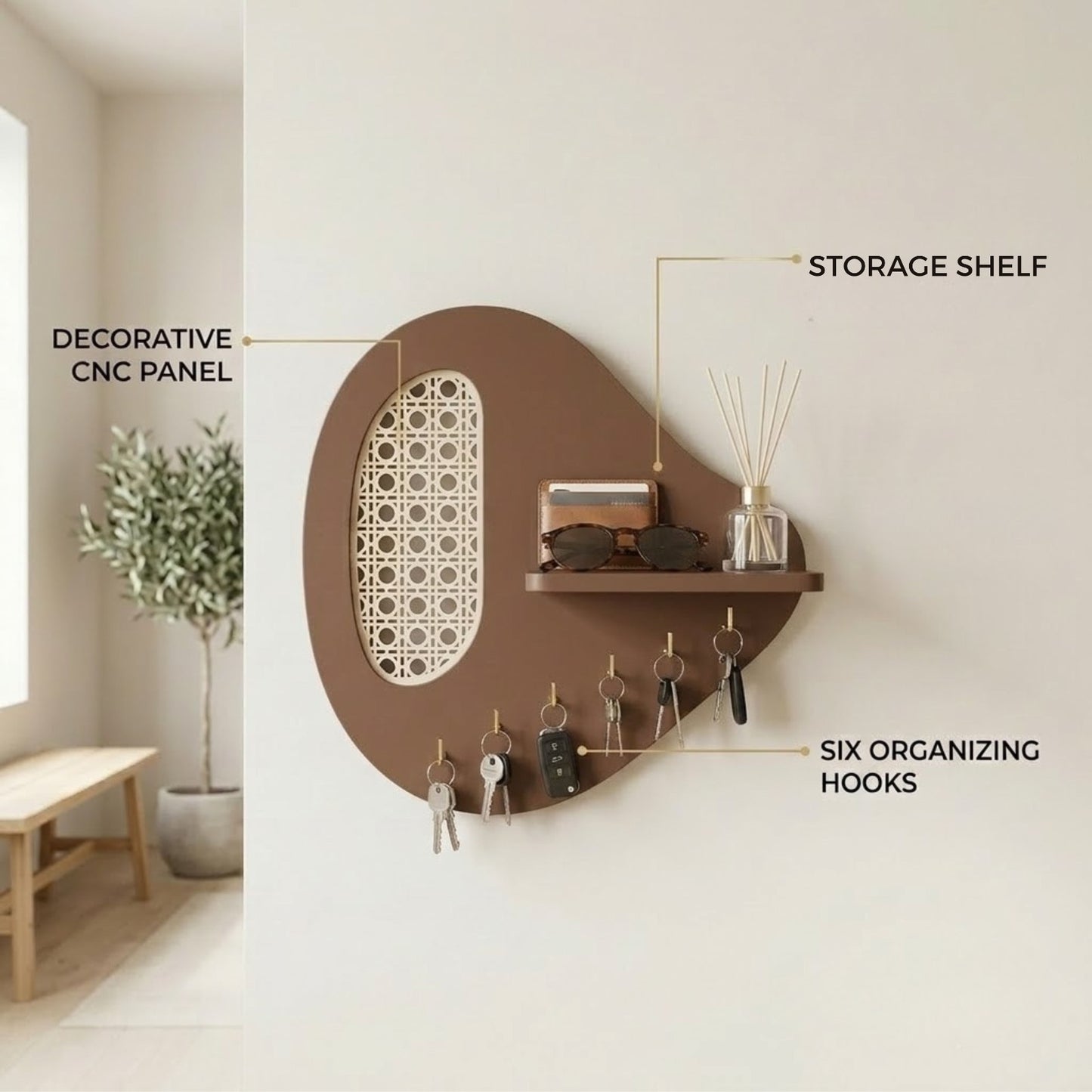 Home Sparkle Mocha Wall Key Holder with Shelf | Wooden Entryway Organizer with Key Hooks
