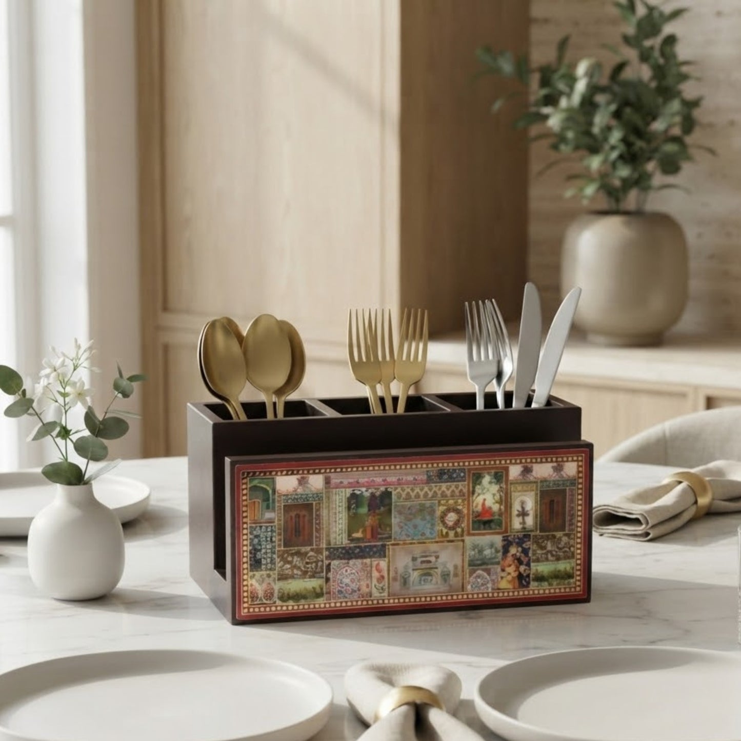 Home Sparkle Premium Wooden Cutlery Holder & Spoon Organizer