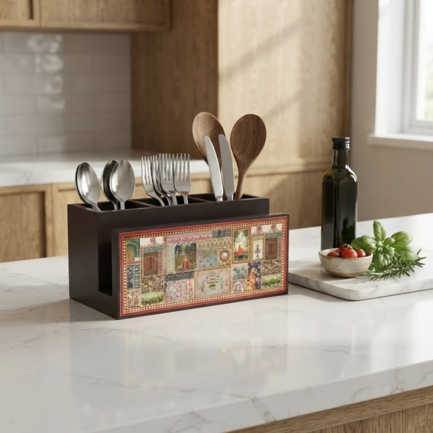 Home Sparkle Premium Wooden Cutlery Holder & Spoon Organizer