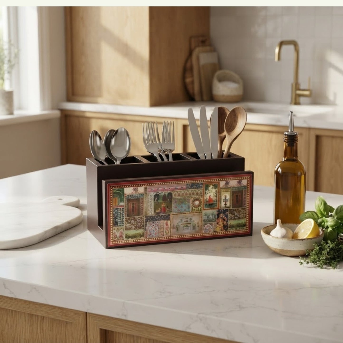 Home Sparkle Premium Wooden Cutlery Holder & Spoon Organizer
