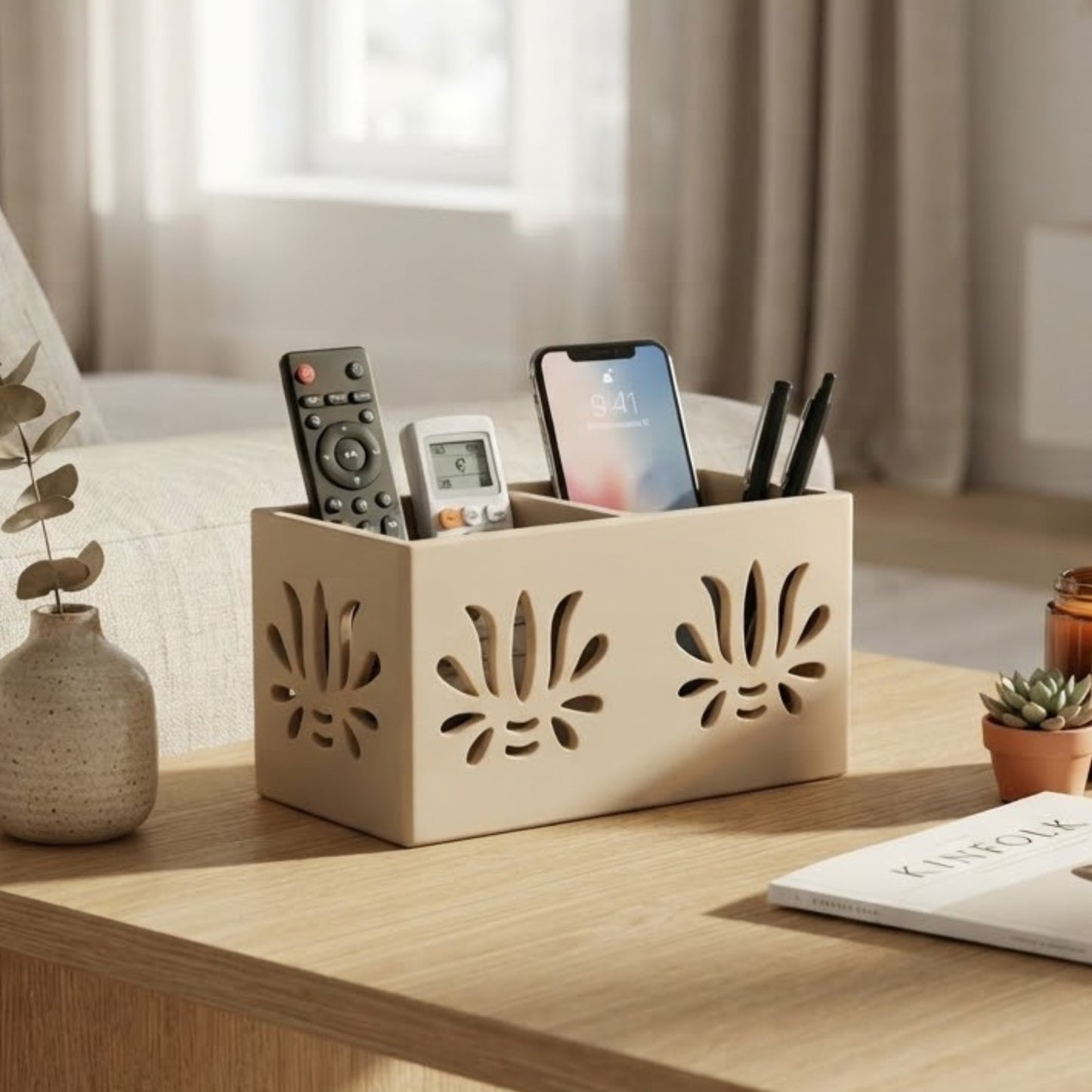 Home Sparkle Wooden Remote Control Organizer & Desk Storage Holder