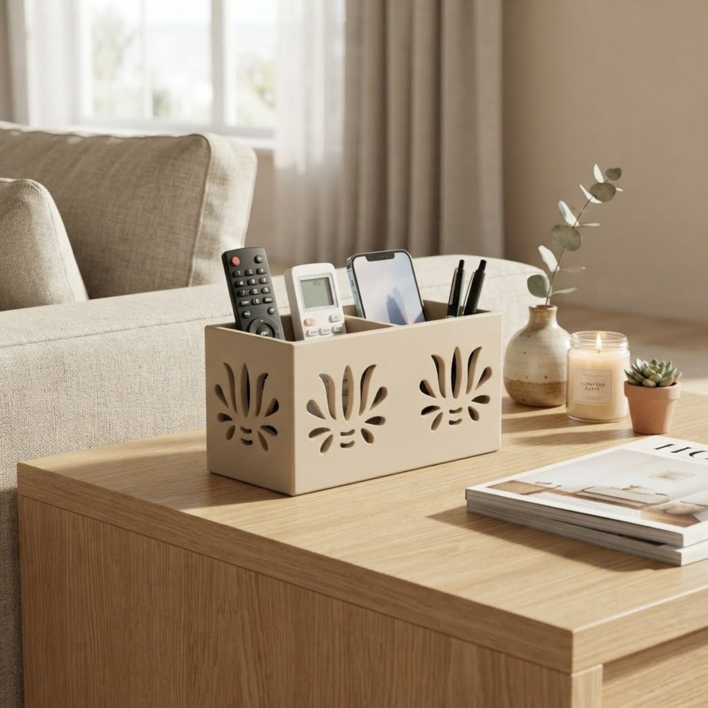 Home Sparkle Wooden Remote Control Organizer & Desk Storage Holder