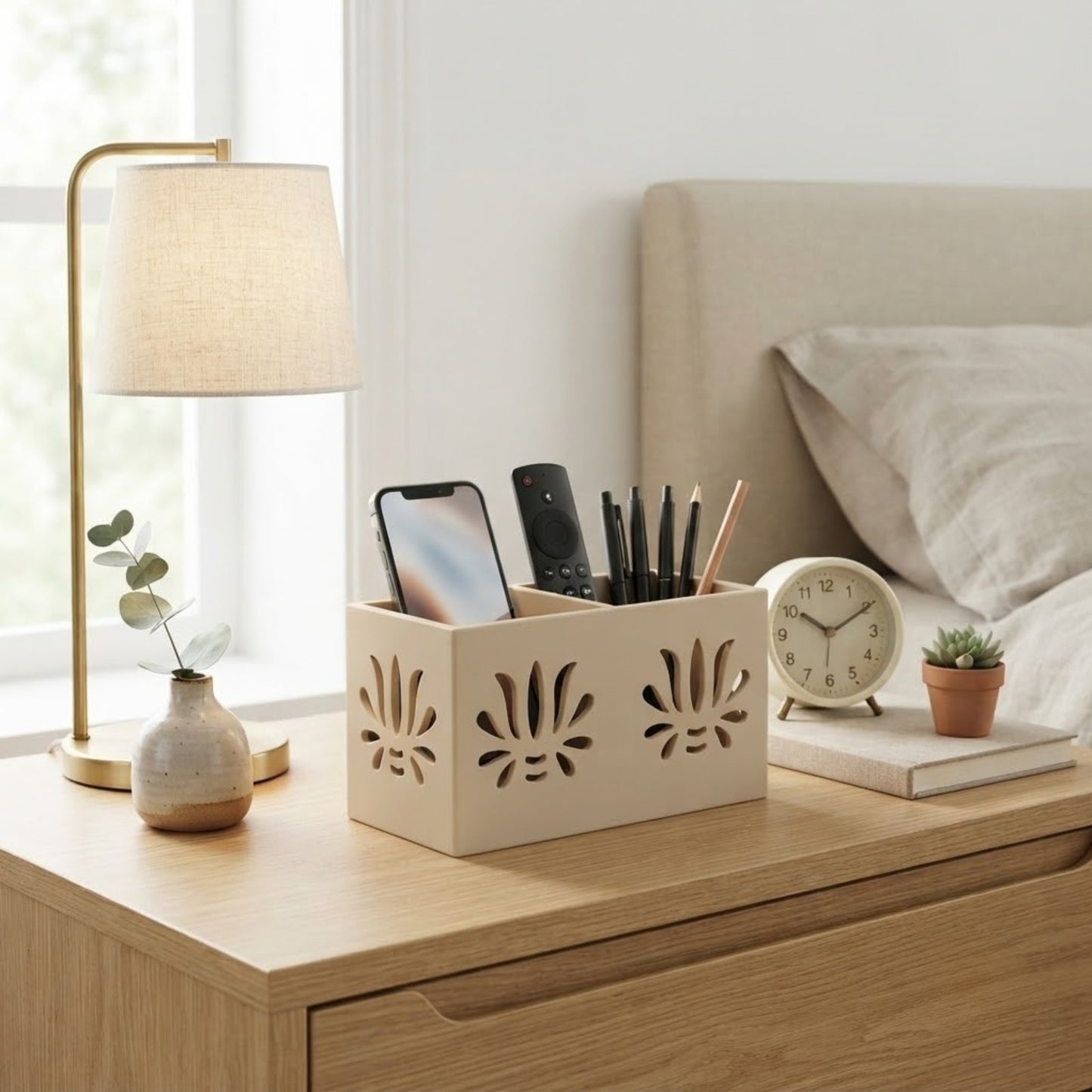 Home Sparkle Wooden Remote Control Organizer & Desk Storage Holder
