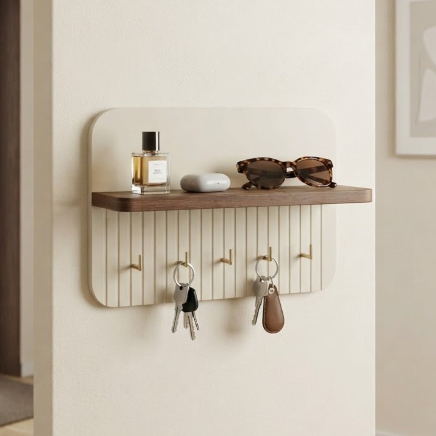 Home Sparkle Ivory Curve Key Holder with Shelf | Wooden Wall Mounted Key Organizer